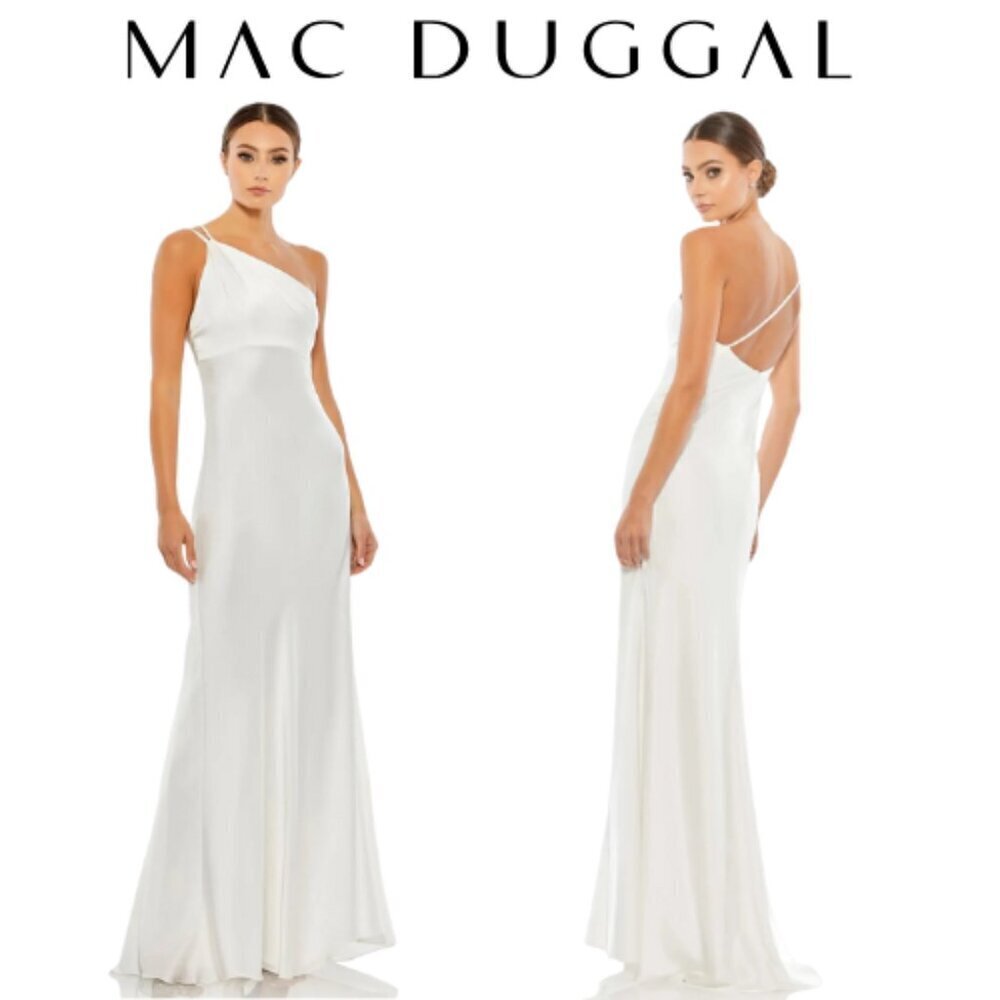 Mac Duggal White Satin One Shoulder Strappy Open Back Formal Gown Size 0 NWT